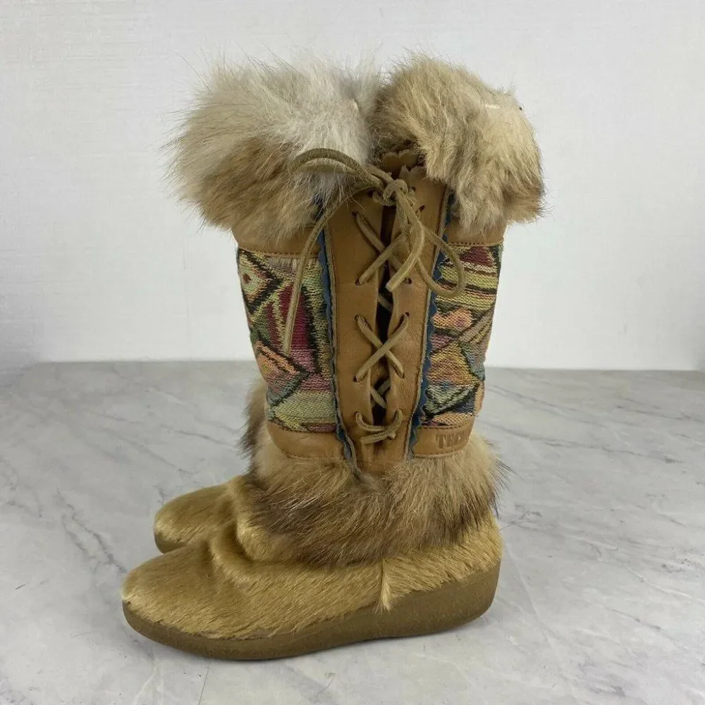 Tecnica Fur Boots 6 Womens Tan Ski Aztec Boho Festival Lace Up Apres Wedge